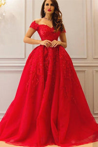 Red Off The Shoulder Off The Shoulder A-line/Princess Zipper Tulle Prom Dresses