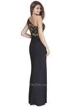 Black One-shoulder Sheath/Column Lace Applique Split Long Evening Dresses