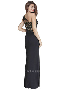 Black One-shoulder Sheath/Column Lace Applique Split Long Evening Dresses