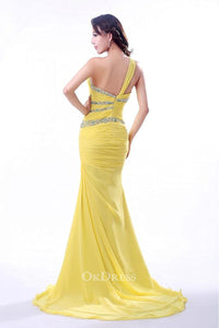 Sheath/Column One-shoulder Beading Pleated Long Chiffon Evening Dresses