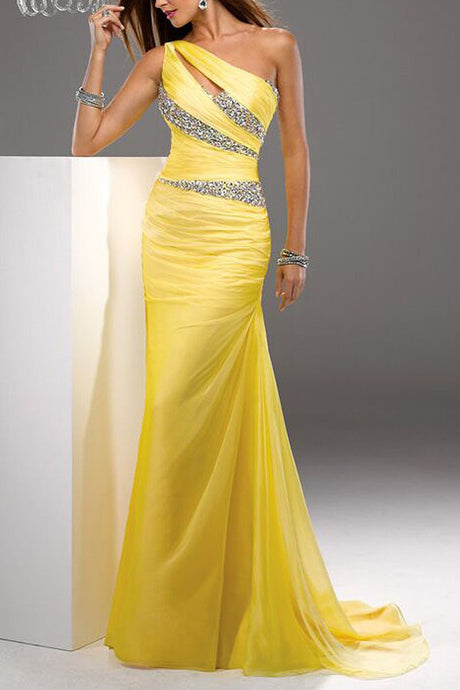 Sheath/Column One-shoulder Beading Pleated Long Chiffon Evening Dresses