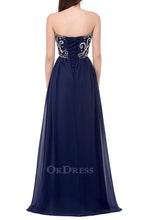 Dark Navy A-line Chiffon Strapless Beading Lace-up Long Evening Dresses