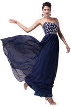 Dark Navy A-line Chiffon Strapless Beading Lace-up Long Evening Dresses