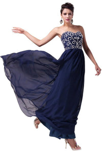 Dark Navy A-line Chiffon Strapless Beading Lace-up Long Evening Dresses