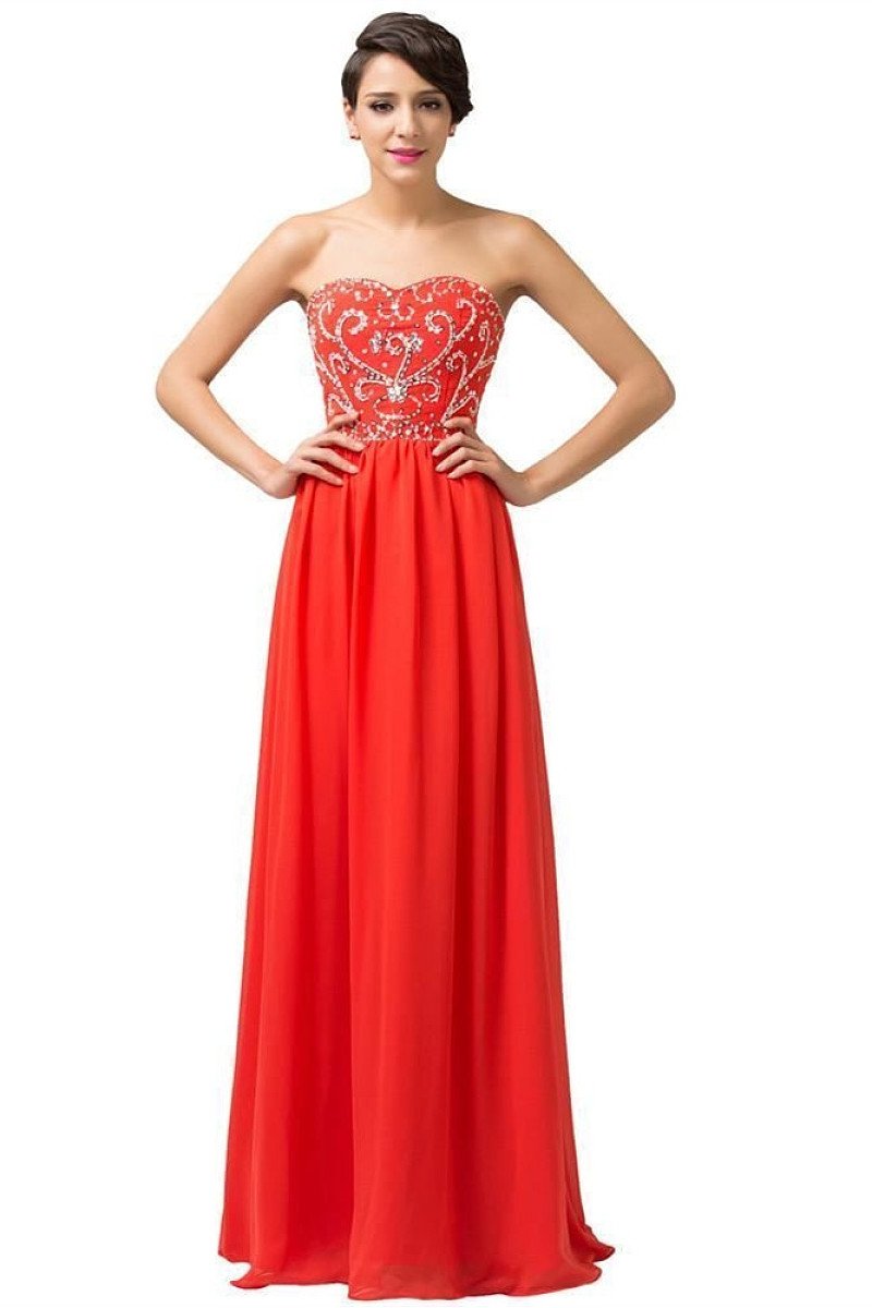 A-line Chiffon Strapless Beading Lace-up Long Evening Dresses