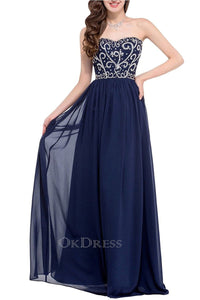 Dark Navy A-line Chiffon Strapless Beading Lace-up Long Evening Dresses