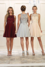 Silver A-line Sleeveless Lace Applique Beading Above-knee length Chiffon Prom Dresses
