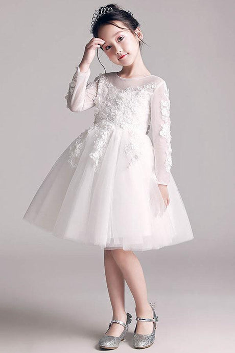 Long Sleeves Knee-length Lace Applique Tulle Flower Girl Dresses