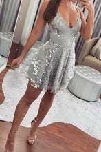 Silver A-line Spaghetti Straps V-neck Short Formal Prom Dresses