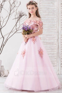 Pink Cute Off-the-shoulder Pink Tulle Flower Girl Dress