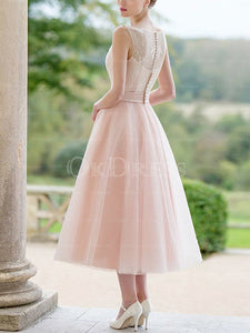 Pink Concise A-line/Princess Lace Tea-length Prom/Bridesmaid Dresses