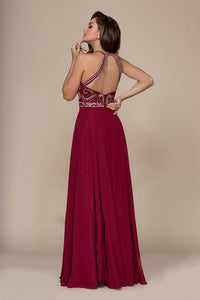 Burgundy A-line Floor-length Beading Sleeveless Long Chiffon Formal Prom Dresses