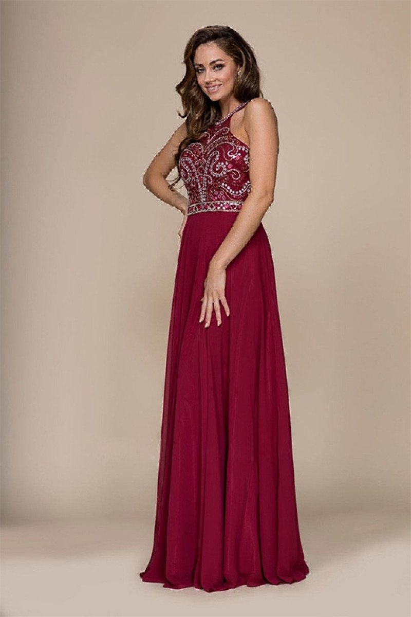 Burgundy A-line Floor-length Beading Sleeveless Long Chiffon Formal Prom Dresses