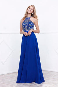 Royal Blue A-line Floor-length Beading Sleeveless Long Chiffon Formal Prom Dresses