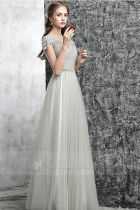 Silver Marvelous Grey Round Neck Tulle Long Prom Dresses