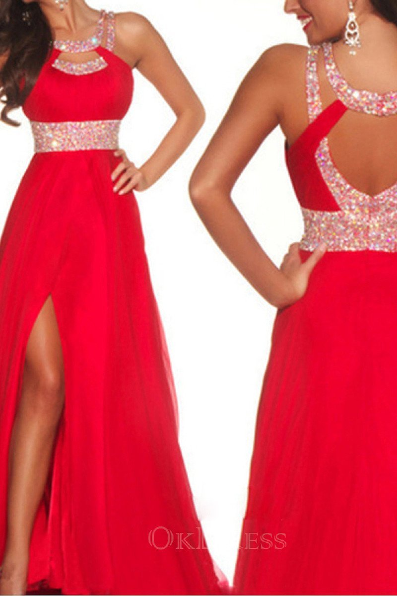 Red Sexy A Line Scoop Long Split Chiffon Beading Prom Dresses