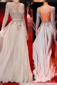 A-Line Long Sleeves Lace Applique Beading Floor length Chiffon Evening Dresses