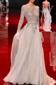 A-Line Long Sleeves Lace Applique Beading Floor length Chiffon Evening Dresses