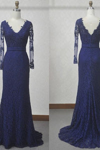 Dark Navy Long Sleeves Mermaid V-neck Applique Sweep Train Lace Evening Dresses