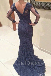 Dark Navy Long Sleeves Mermaid V-neck Applique Sweep Train Lace Evening Dresses