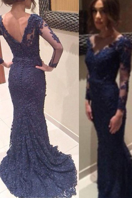 Dark Navy Long Sleeves Mermaid V-neck Applique Sweep Train Lace Evening Dresses