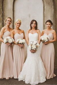 Pink Strapless Sweetheart A-line Long Chiffon Bridesmaid Dresses