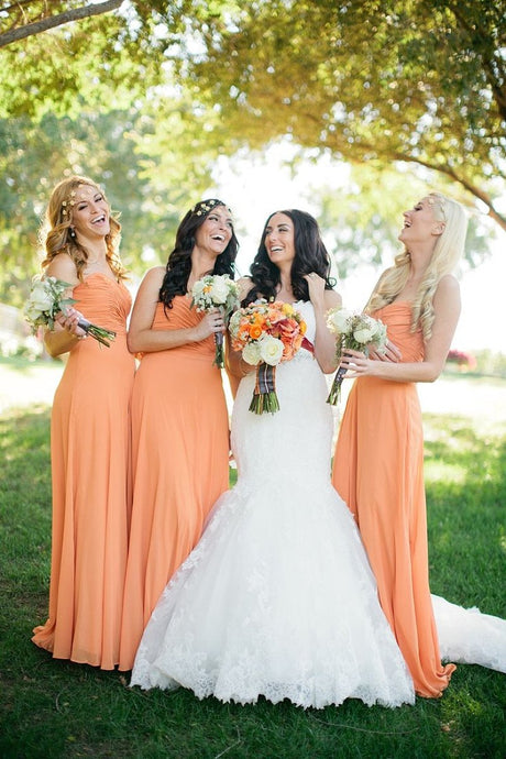 Orange Strapless Sweetheart A-line Long Chiffon Bridesmaid Dresses