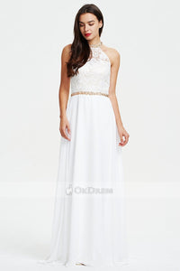 White A-line Halter Floor-length White Prom Dress