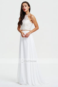 White A-line Halter Floor-length White Prom Dress
