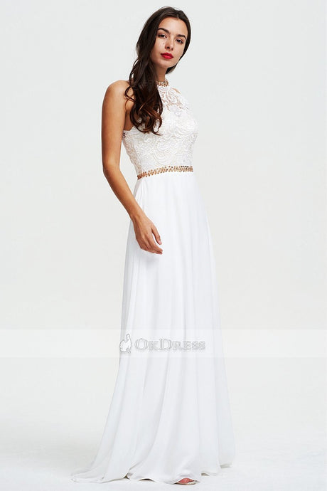 White A-line Halter Floor-length White Prom Dress