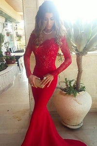Red Extraordinary Off-the-Shoulder Sweep Train Natural Lace Prom Dresses