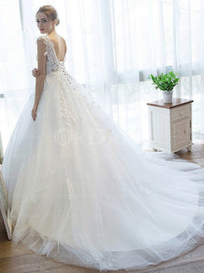 White Most Popular Appliques Lace Court Train Tulle V-neck Wedding Dresses