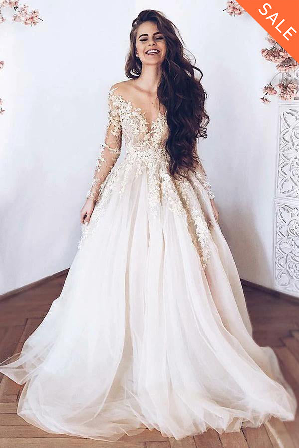 A-Line/Princess  Sweep Train Tulle  Long Sleeves Appliques Lace Wedding Dresses