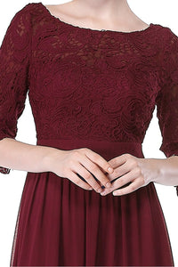 Burgundy 3/4 sleeve A-line Chiffon Lace Long Prom Dresses