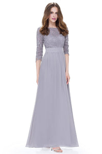 3/4 sleeve A-line Chiffon Lace Long Prom Dresses