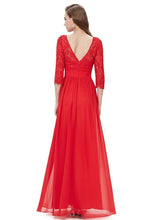 Red 3/4 sleeve A-line Chiffon Lace Long Prom Dresses