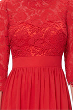 Red 3/4 sleeve A-line Chiffon Lace Long Prom Dresses