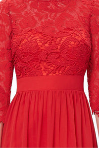 Red 3/4 sleeve A-line Chiffon Lace Long Prom Dresses