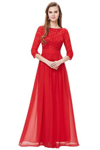Red 3/4 sleeve A-line Chiffon Lace Long Prom Dresses