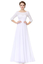 White 3/4 sleeve A-line Chiffon Lace Long Prom Dresses