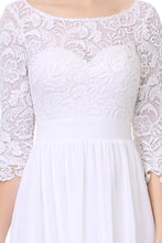 White 3/4 sleeve A-line Chiffon Lace Long Prom Dresses
