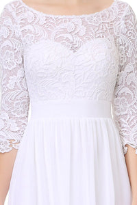 White 3/4 sleeve A-line Chiffon Lace Long Prom Dresses