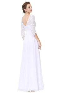 White 3/4 sleeve A-line Chiffon Lace Long Prom Dresses
