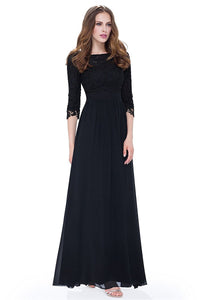 Black 3/4 sleeve A-line Chiffon Lace Long Prom Dresses