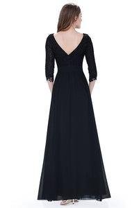 Black 3/4 sleeve A-line Chiffon Lace Long Prom Dresses