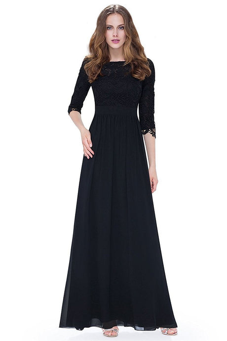 Black 3/4 sleeve A-line Chiffon Lace Long Prom Dresses