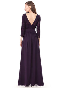 Gape 3/4 sleeve A-line Chiffon Lace Long Prom Dresses