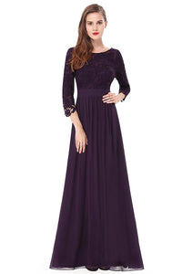 Gape 3/4 sleeve A-line Chiffon Lace Long Prom Dresses