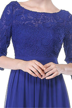 Blue 3/4 sleeve A-line Chiffon Lace Long Prom Dresses
