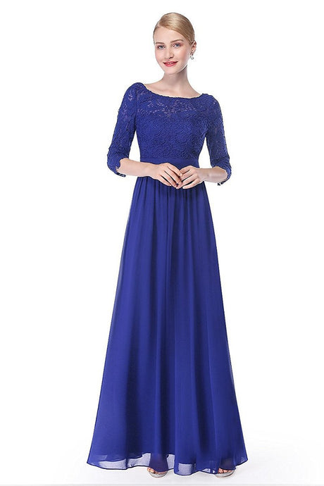 Blue 3/4 sleeve A-line Chiffon Lace Long Prom Dresses